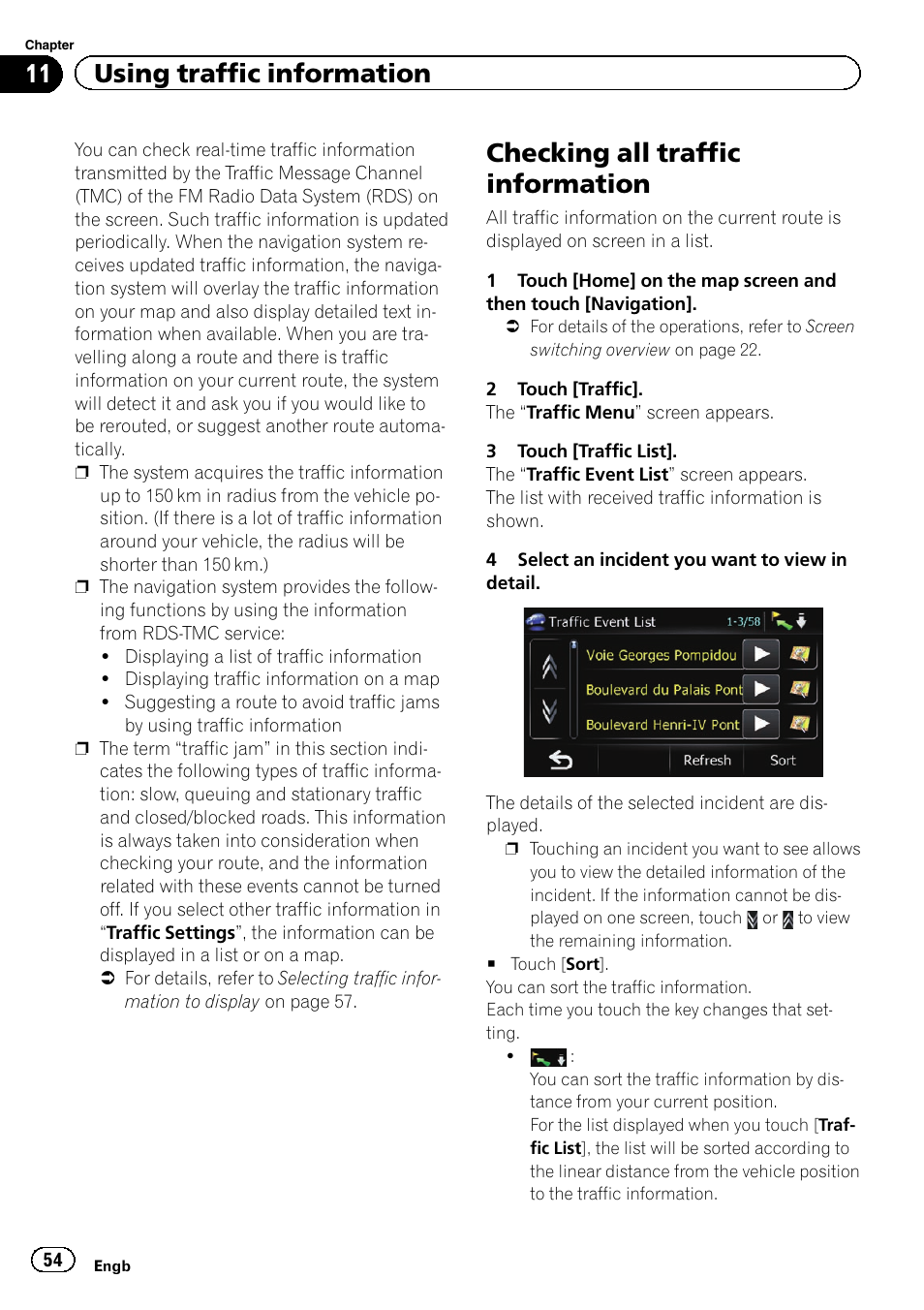 Checking all traffic information, 11 using traffic information | Pioneer AVIC-F3210BT User Manual | Page 54 / 148