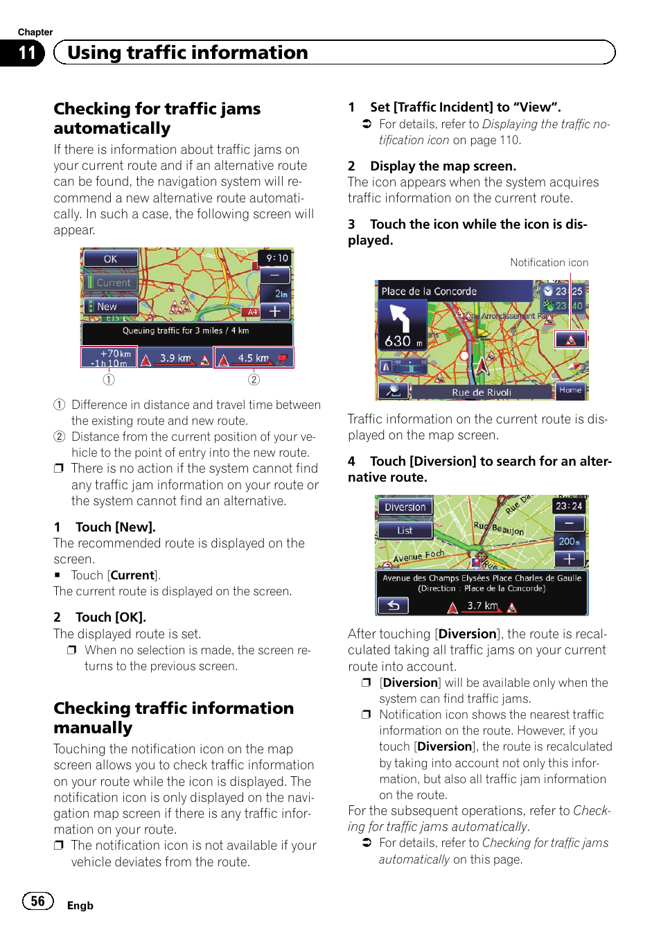 Checking for traffic jams, Automatically, Checking traffic information | Manually, 11 using traffic information, Checking for traffic jams automatically, Checking traffic information manually | Pioneer AVIC-F3210BT User Manual | Page 56 / 148