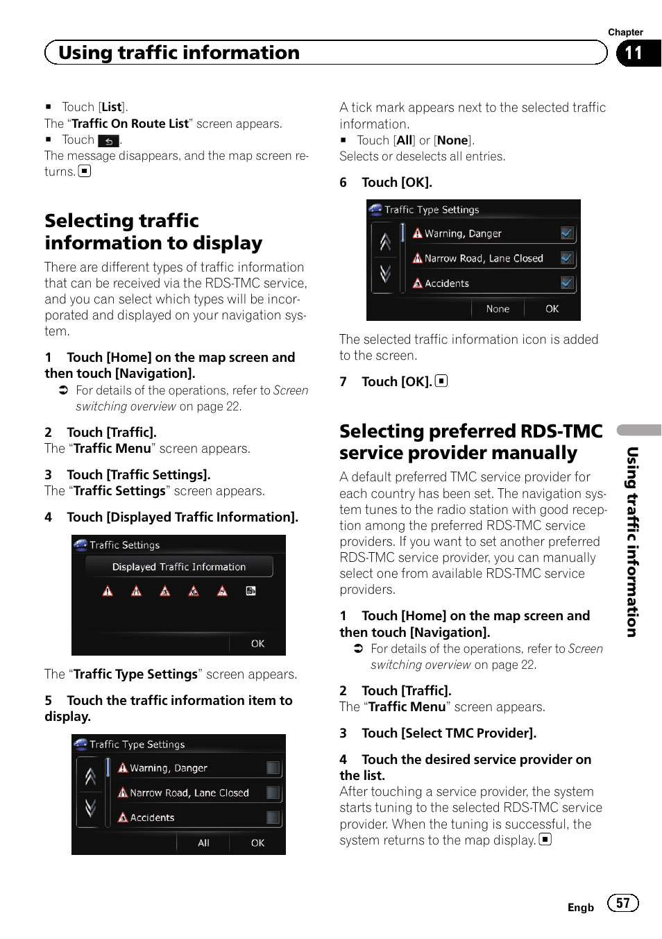 Selecting traffic information to display, Selecting preferred rds-tmc service, Provider manually | Selecting traffic infor, Using traffic information | Pioneer AVIC-F3210BT User Manual | Page 57 / 148