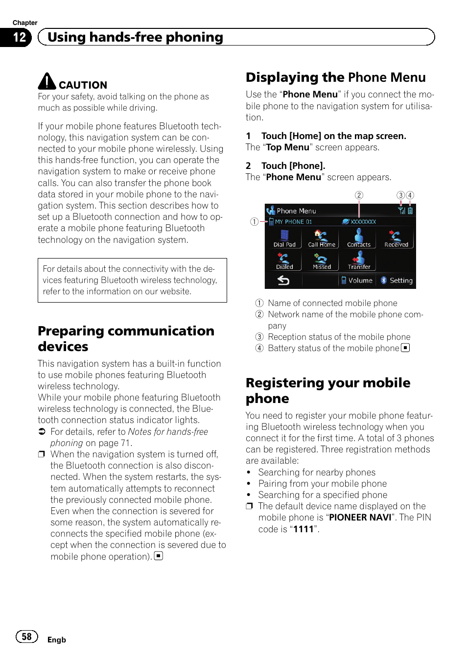 Displaying the phone menu, Registering your mobile phone, Preparing communication devices | 12 using hands-free phoning | Pioneer AVIC-F3210BT User Manual | Page 58 / 148