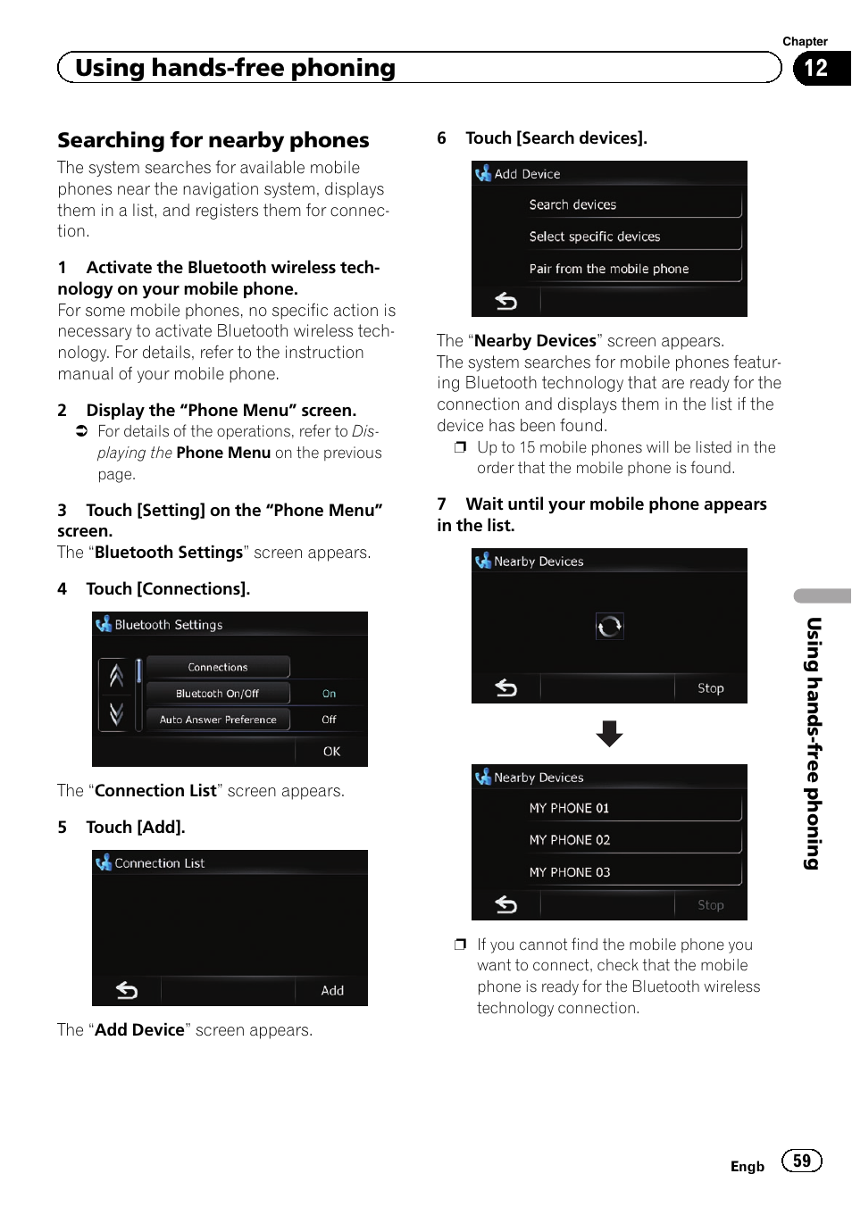 Searching for nearby phones 59, Using hands-free phoning, Searching for nearby phones | Pioneer AVIC-F3210BT User Manual | Page 59 / 148
