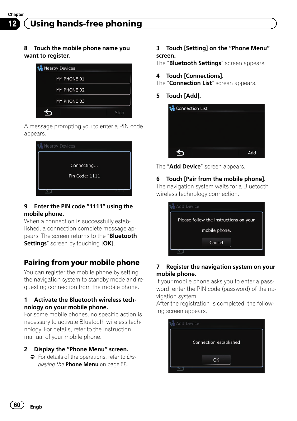 Pairing from your mobile phone 60, 12 using hands-free phoning, Pairing from your mobile phone | Pioneer AVIC-F3210BT User Manual | Page 60 / 148