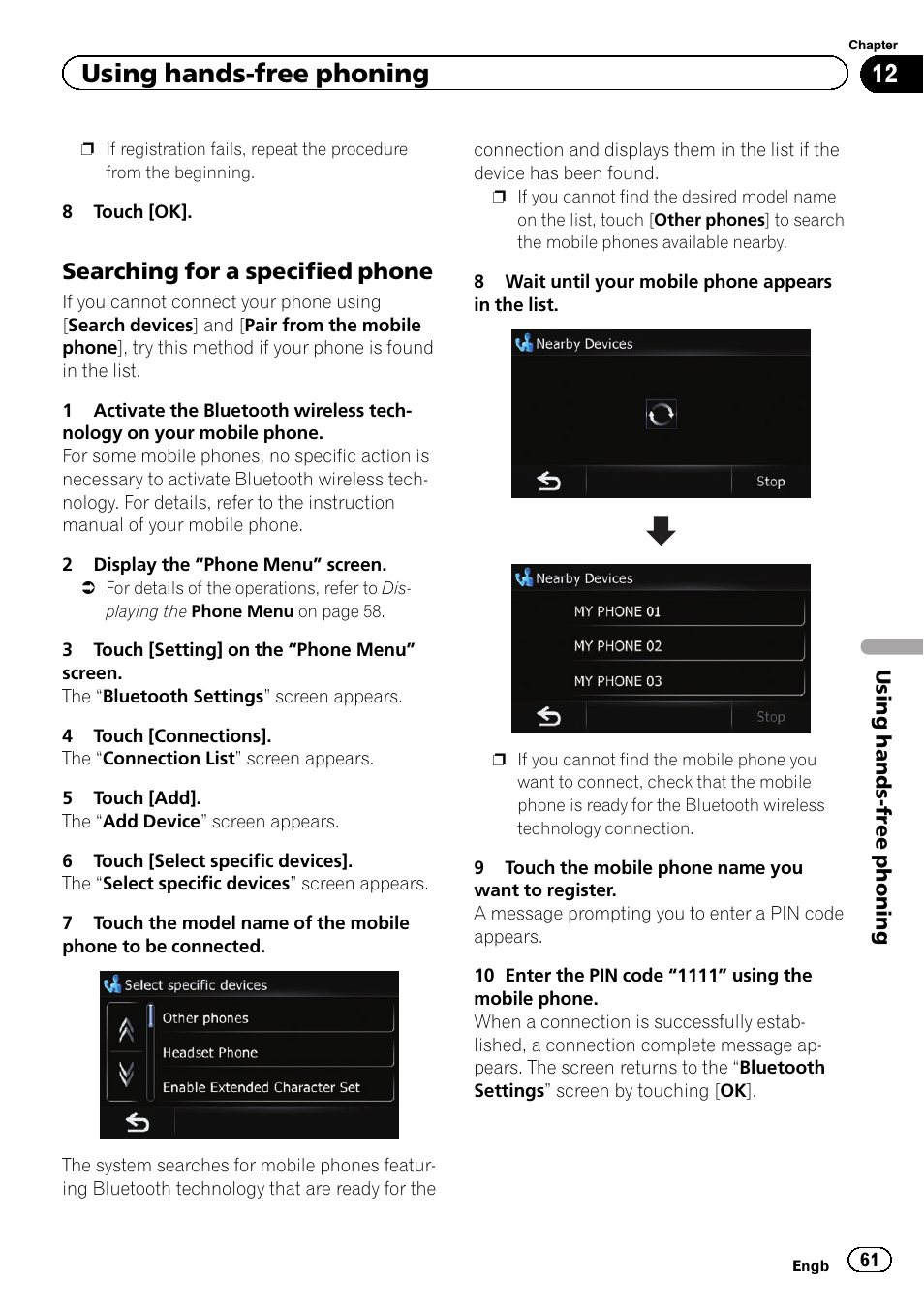 Searching for a specified phone 61, Using hands-free phoning, Searching for a specified phone | Pioneer AVIC-F3210BT User Manual | Page 61 / 148