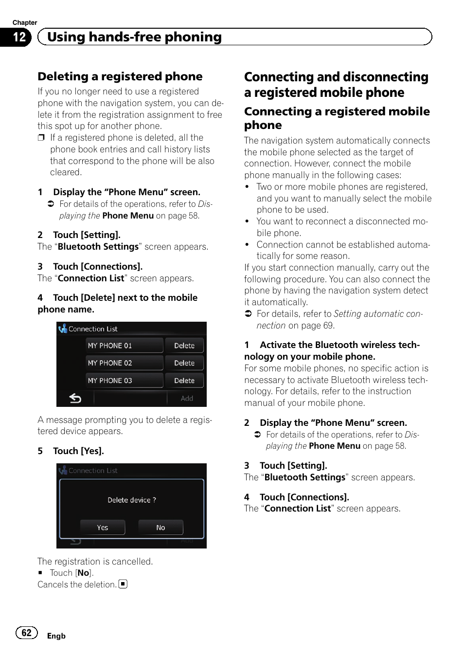 Deleting a registered phone 62, Connecting and disconnecting a registered, Mobile phone | Connecting a registered mobile, Phone, 12 using hands-free phoning, Deleting a registered phone, Connecting a registered mobile phone | Pioneer AVIC-F3210BT User Manual | Page 62 / 148
