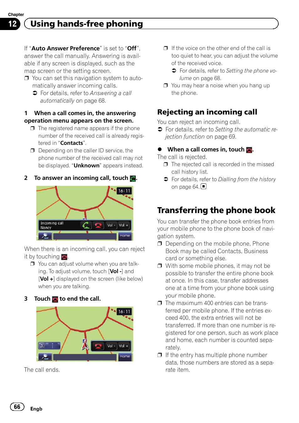 Rejecting an incoming call 66, Transferring the phone book, Transferring the phone | 12 using hands-free phoning, Rejecting an incoming call | Pioneer AVIC-F3210BT User Manual | Page 66 / 148