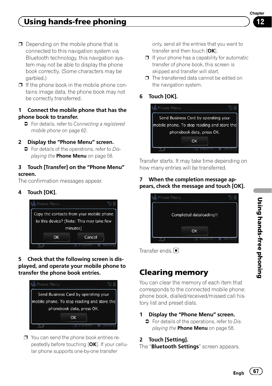 Clearing memory, Using hands-free phoning | Pioneer AVIC-F3210BT User Manual | Page 67 / 148