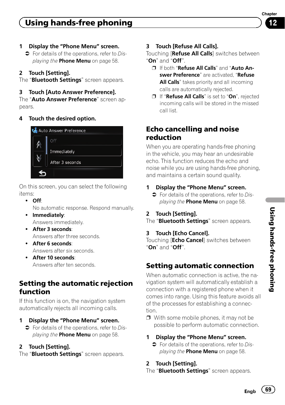 Setting the automatic rejection, Function, Echo cancelling and noise | Reduction, Setting automatic connection 69, Setting automatic con, Setting the automatic re, Using hands-free phoning, Setting the automatic rejection function, Echo cancelling and noise reduction | Pioneer AVIC-F3210BT User Manual | Page 69 / 148
