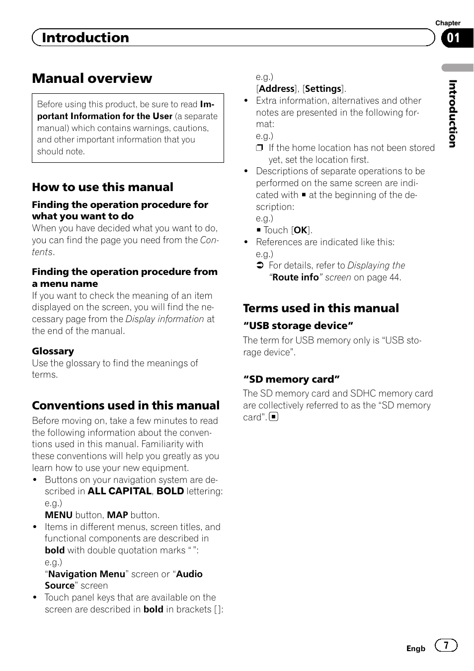 Introduction manual overview, How to use this manual 7, Conventions used in this manual 7 | Terms used in this manual 7, Manual overview, Introduction | Pioneer AVIC-F3210BT User Manual | Page 7 / 148