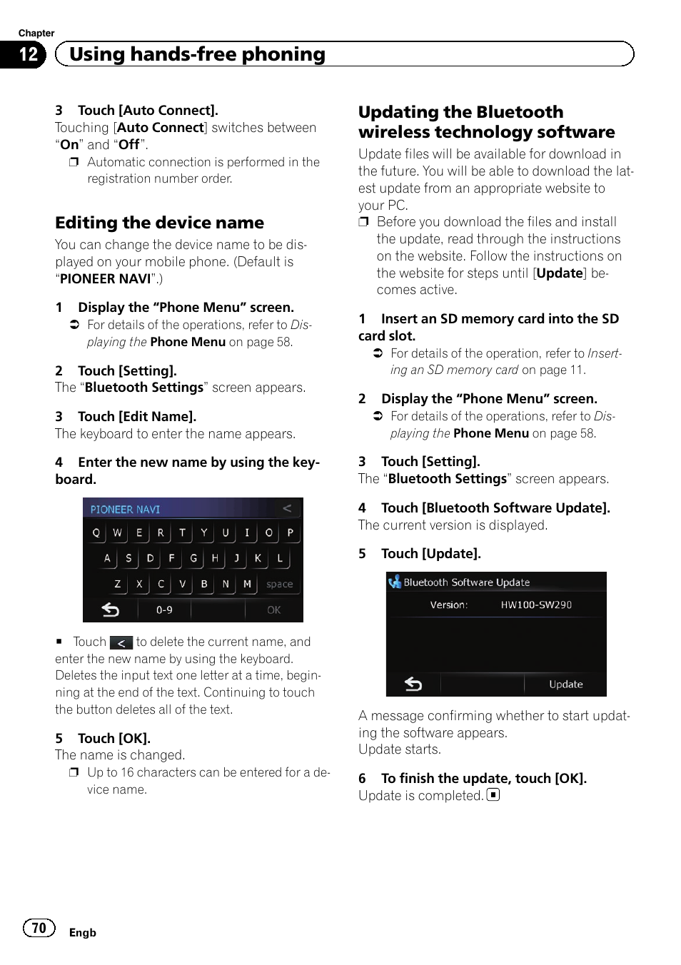 Editing the device name 70, Updating the bluetooth wireless, Technology software | 12 using hands-free phoning, Editing the device name | Pioneer AVIC-F3210BT User Manual | Page 70 / 148