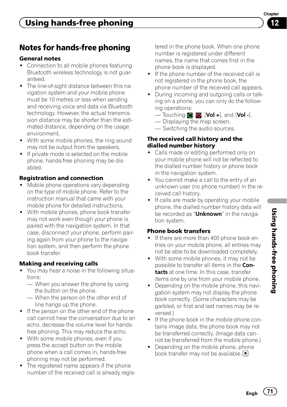 Notes for hands-free phoning, Using hands-free phoning | Pioneer AVIC-F3210BT User Manual | Page 71 / 148