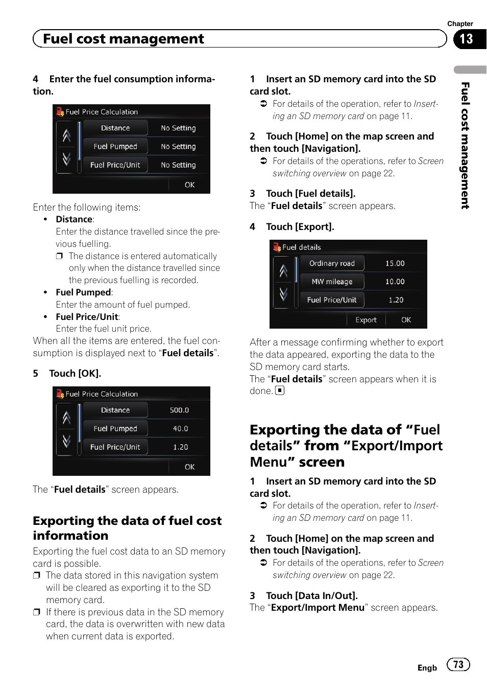 Exporting the data of fuel cost, Information, Exporting the data of | Fuel details” from, Export/import menu” screen 73, Fuel cost management | Pioneer AVIC-F3210BT User Manual | Page 73 / 148