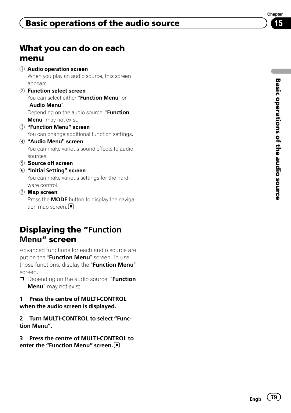 What you can do on each menu, Displaying the, Function menu” screen 79 | Displaying the “function menu ” screen, Basic operations of the audio source | Pioneer AVIC-F3210BT User Manual | Page 79 / 148