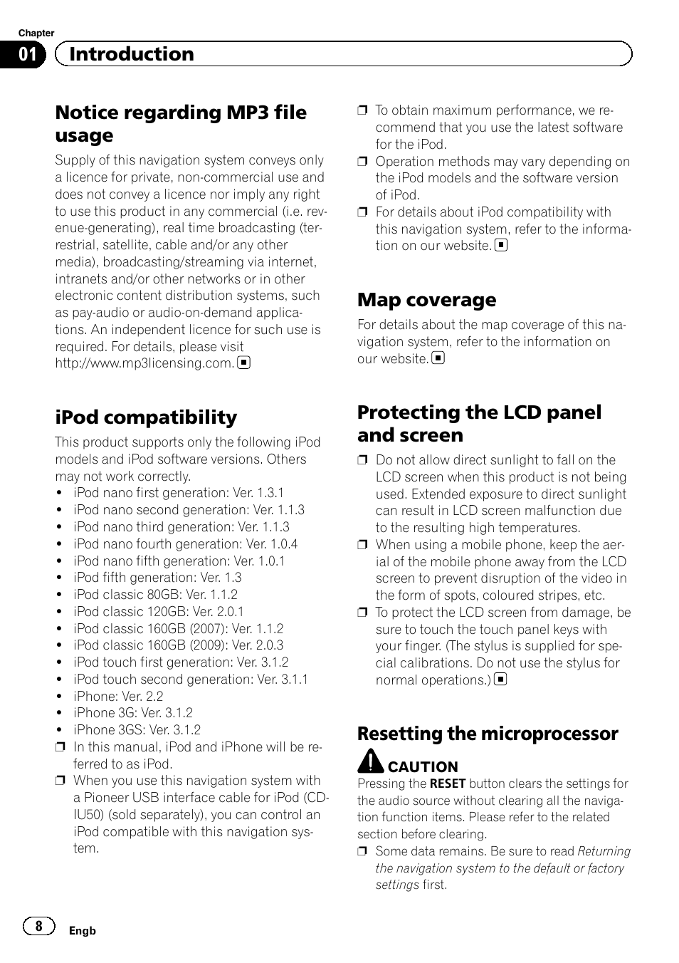 Notice regarding mp3 file usage, Ipod compatibility, Map coverage | Protecting the lcd panel and screen, Resetting the microprocessor, 01 introduction | Pioneer AVIC-F3210BT User Manual | Page 8 / 148