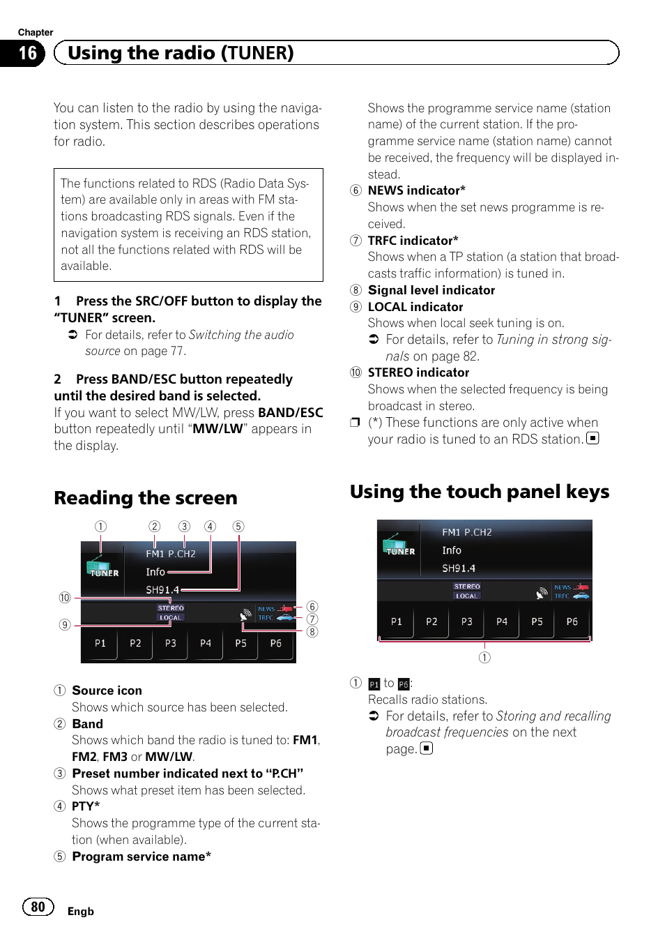 Using the radio (tuner) reading the screen, Using the touch panel keys, Reading the screen | 16 using the radio (tuner) | Pioneer AVIC-F3210BT User Manual | Page 80 / 148