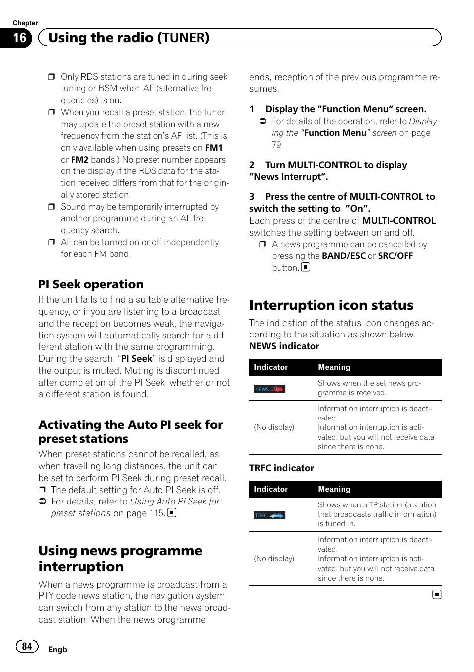 Pi seek operation 84, Activating the auto pi seek for preset, Stations | Using news programme interruption, Interruption icon status, 16 using the radio (tuner), Pi seek operation, Activating the auto pi seek for preset stations | Pioneer AVIC-F3210BT User Manual | Page 84 / 148
