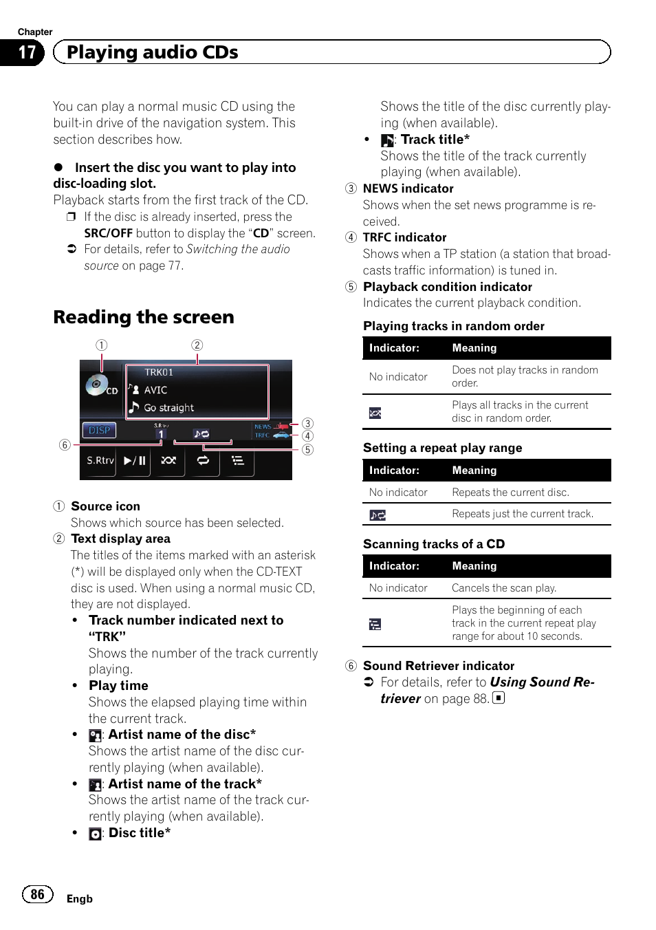 Playing audio cds reading the screen, Reading the screen, 17 playing audio cds | Pioneer AVIC-F3210BT User Manual | Page 86 / 148