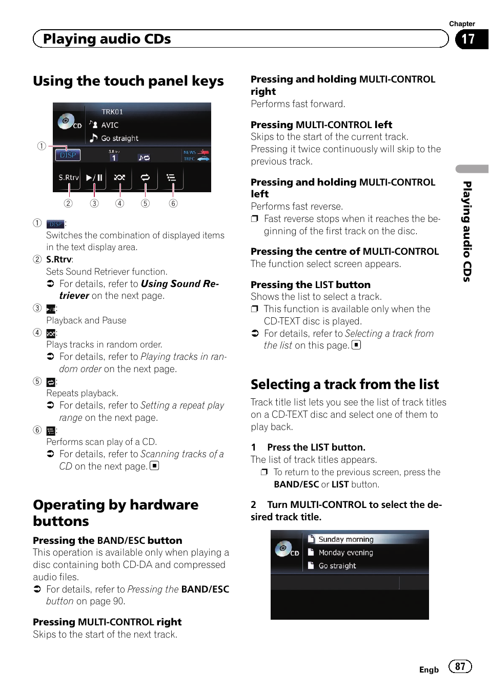 Using the touch panel keys, Operating by hardware buttons, Selecting a track from the list | Playing audio cds | Pioneer AVIC-F3210BT User Manual | Page 87 / 148