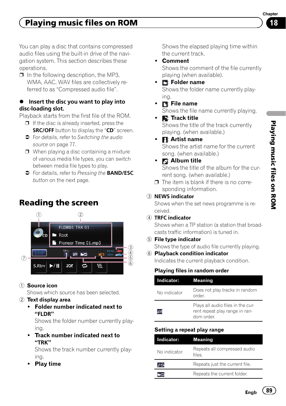 Playing music files on rom reading the screen, Reading the screen, Playing music files on rom | Pioneer AVIC-F3210BT User Manual | Page 89 / 148