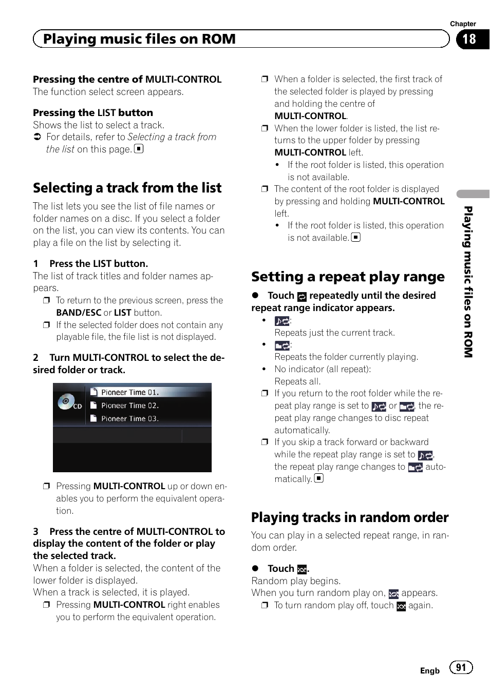 Selecting a track from the list, Setting a repeat play range, Playing tracks in random order | Playing tracks in ran, Setting a repeat play, Playing music files on rom | Pioneer AVIC-F3210BT User Manual | Page 91 / 148
