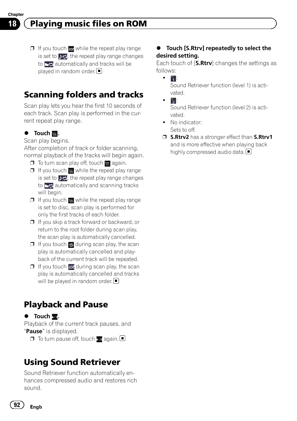 Scanning folders and tracks, Playback and pause, Using sound retriever | Using sound re, Scanning folders and, 18 playing music files on rom | Pioneer AVIC-F3210BT User Manual | Page 92 / 148