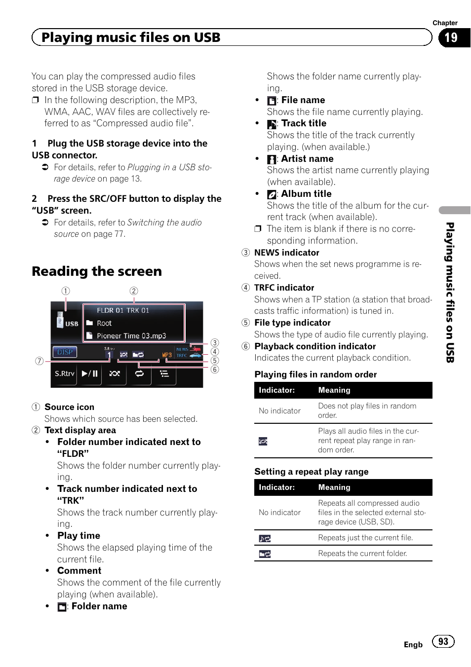 Playing music files on usb reading the screen, Reading the screen, Playing music files on usb | Pioneer AVIC-F3210BT User Manual | Page 93 / 148