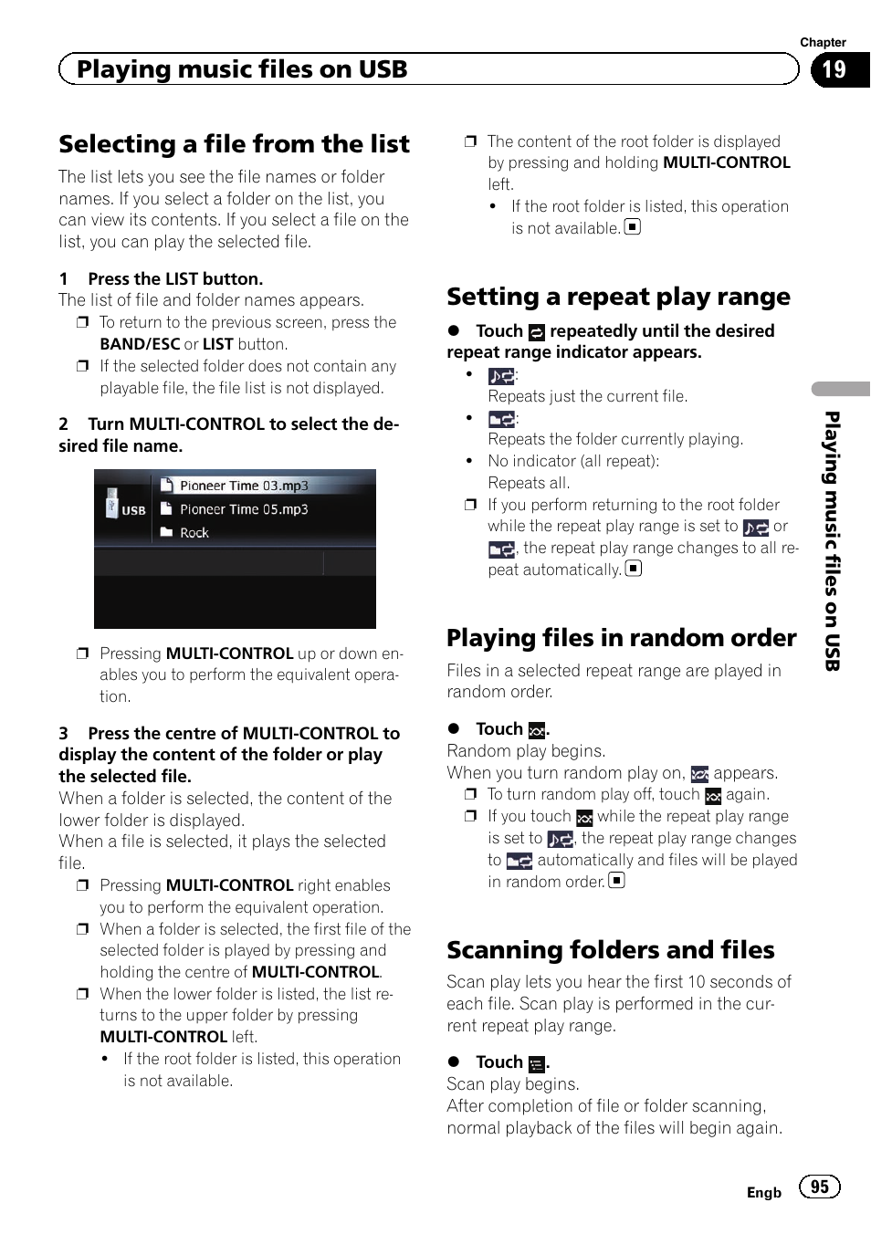 Selecting a file from the list, Setting a repeat play range, Playing files in random order | Scanning folders and files, Playing files in ran, Setting a repeat play, Scanning folders and, Selecting a file from the, Playing music files on usb | Pioneer AVIC-F3210BT User Manual | Page 95 / 148