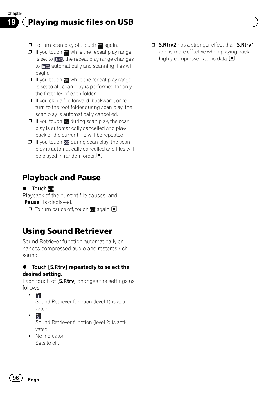 Playback and pause, Using sound retriever, Using sound re | 19 playing music files on usb | Pioneer AVIC-F3210BT User Manual | Page 96 / 148