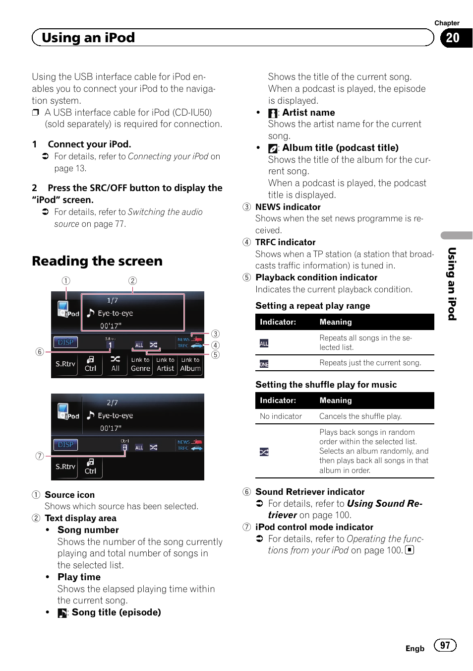 Using an ipod reading the screen, Reading the screen, Using an ipod | Pioneer AVIC-F3210BT User Manual | Page 97 / 148