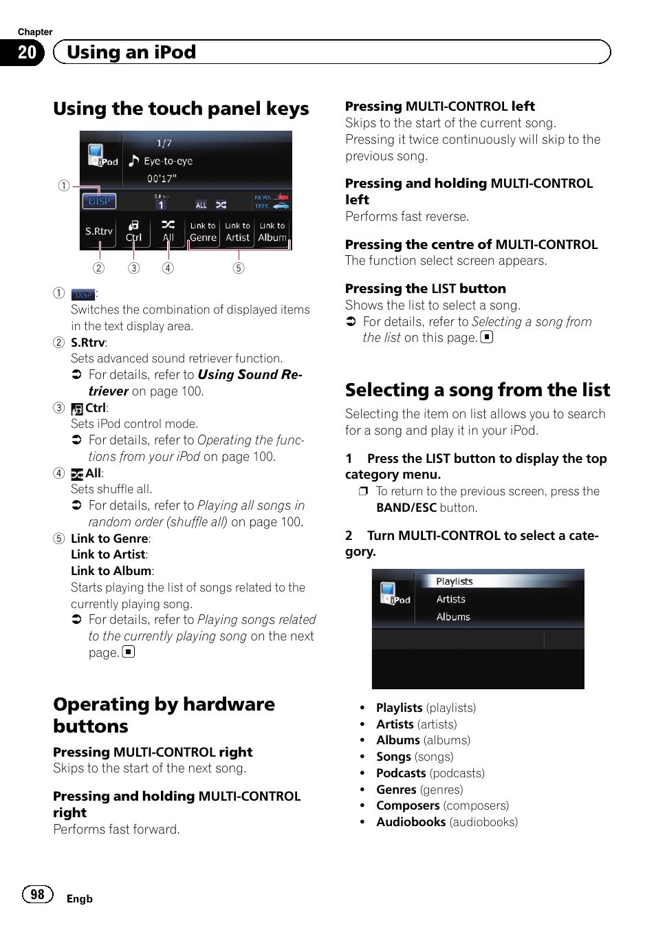Using the touch panel keys, Operating by hardware buttons, Selecting a song from the list | 20 using an ipod | Pioneer AVIC-F3210BT User Manual | Page 98 / 148