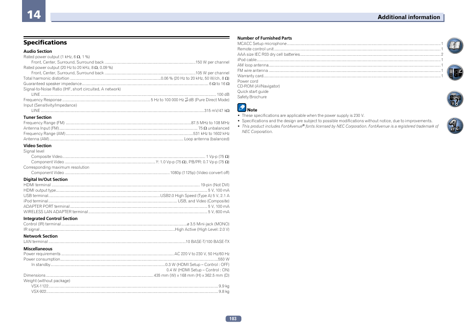 Specifications | Pioneer VSX-922-S User Manual | Page 103 / 109