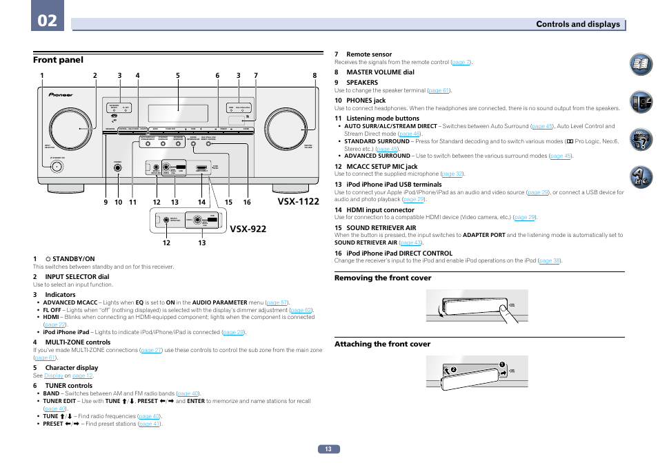 Front panel, Controls and displays | Pioneer VSX-922-S User Manual | Page 13 / 109