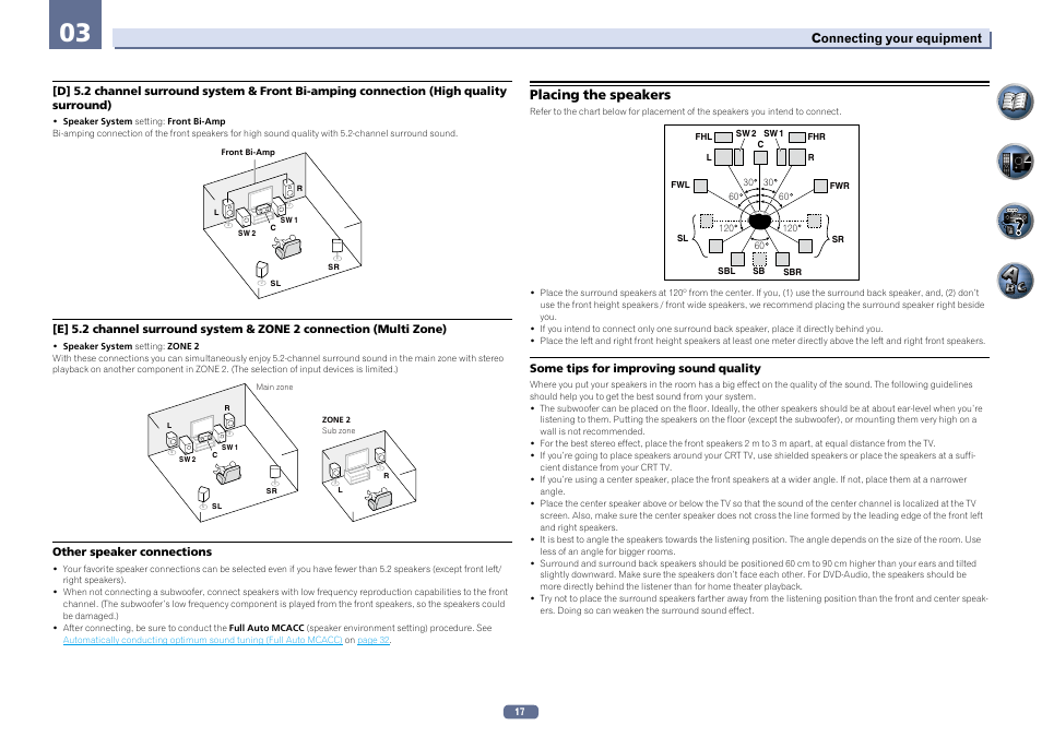 Placing the speakers | Pioneer VSX-922-S User Manual | Page 17 / 109