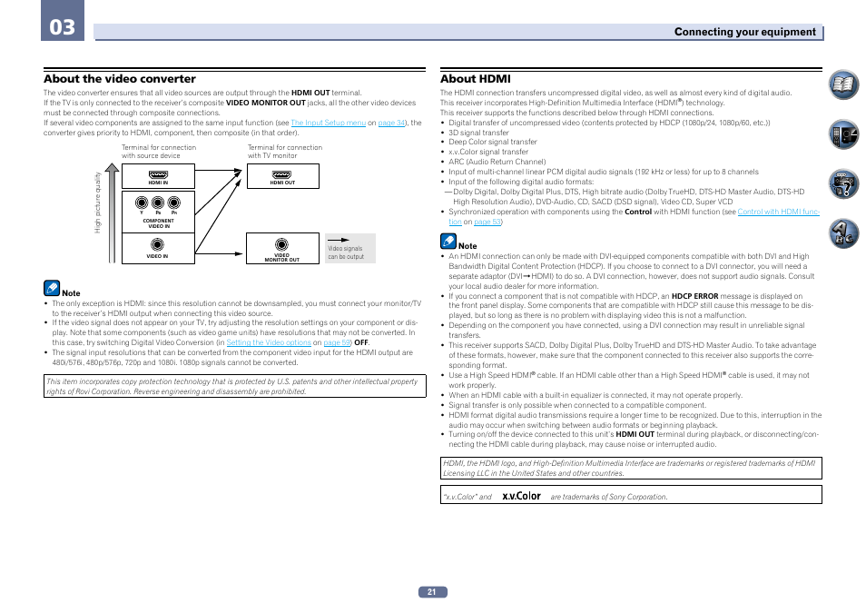 About the video converter about hdmi, About the video converter, About hdmi | Pioneer VSX-922-S User Manual | Page 21 / 109