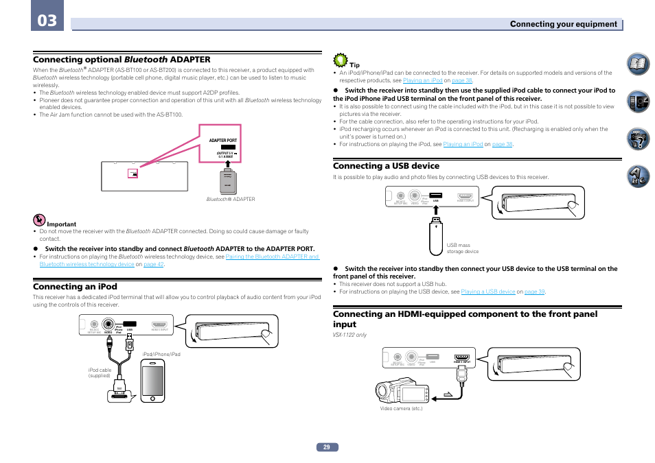 Output 5 v 0.1 a max) adapter port, Connecting optional bluetooth adapter, Connecting an ipod | Connecting a usb device, Connecting your equipment | Pioneer VSX-922-S User Manual | Page 29 / 109