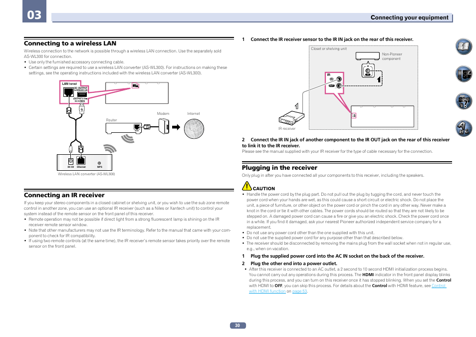 Ir out in, Connecting to a wireless lan, Connecting an ir receiver | Plugging in the receiver | Pioneer VSX-922-S User Manual | Page 30 / 109