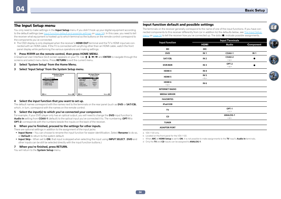 The input setup menu, Basic setup, Input function default and possible settings | Pioneer VSX-922-S User Manual | Page 34 / 109