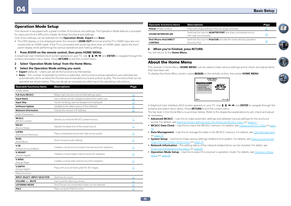 Operation mode setup about the home menu, Operation mode setup, About the home menu | Basic setup | Pioneer VSX-922-S User Manual | Page 35 / 109