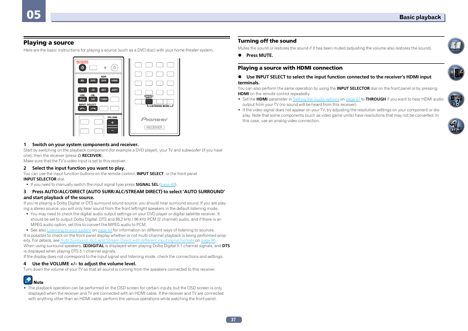Playing a source, Basic playback | Pioneer VSX-922-S User Manual | Page 37 / 109