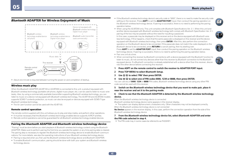 Bluetooth adapter for wireless enjoyment of music | Pioneer VSX-922-S User Manual | Page 42 / 109
