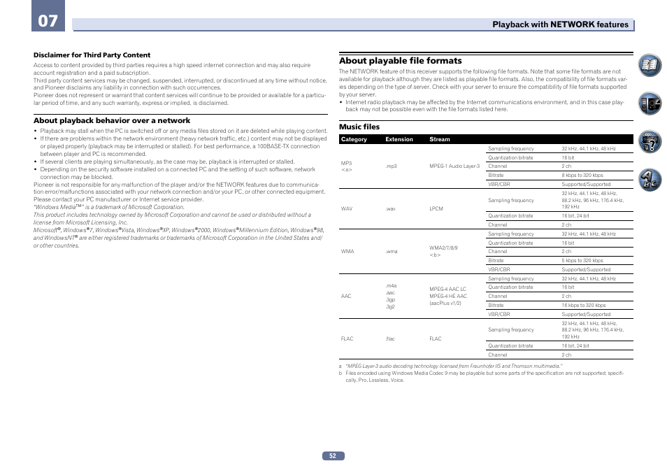 About playable file formats, Playback with network features | Pioneer VSX-922-S User Manual | Page 52 / 109
