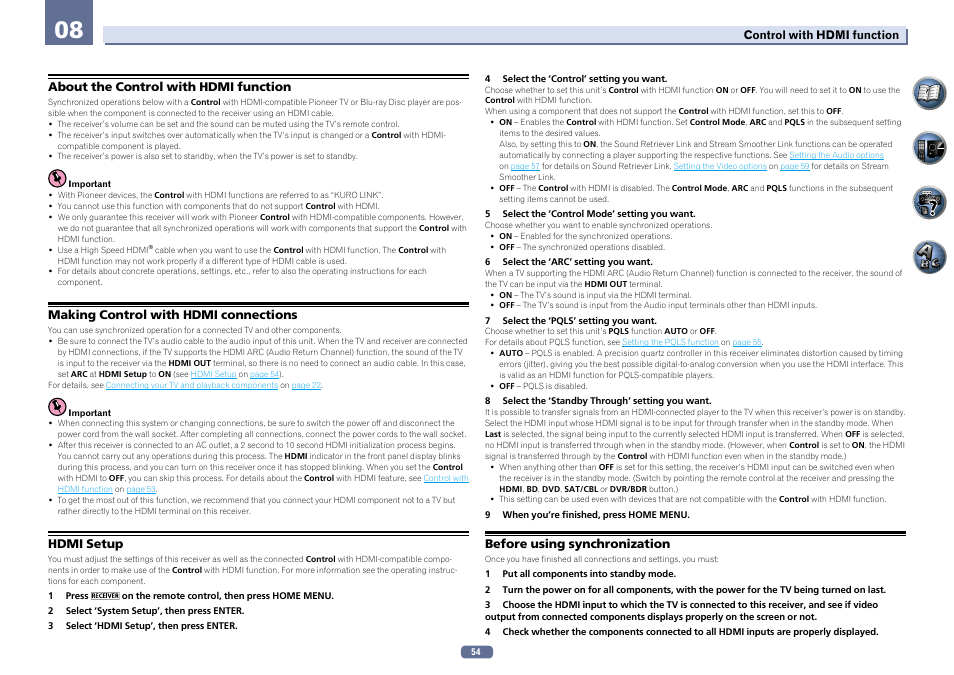 About the control with hdmi function, Making control with hdmi connections, Hdmi setup | Before using synchronization | Pioneer VSX-922-S User Manual | Page 54 / 109