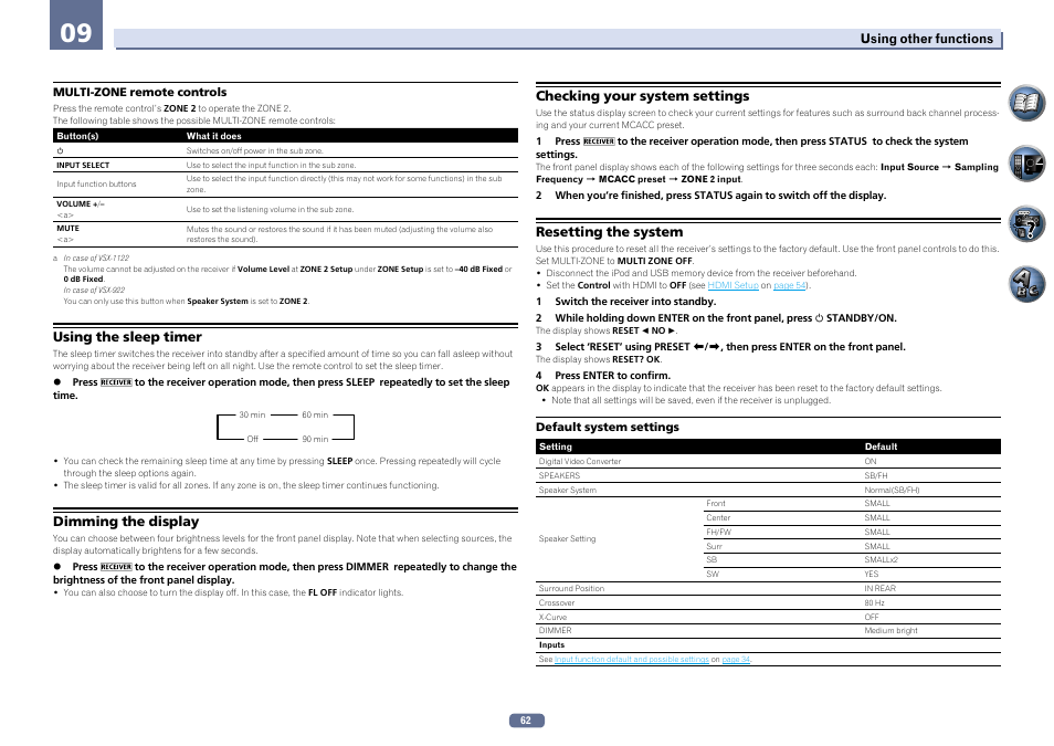 Using the sleep timer, Dimming the display, Checking your system settings | Resetting the system | Pioneer VSX-922-S User Manual | Page 62 / 109