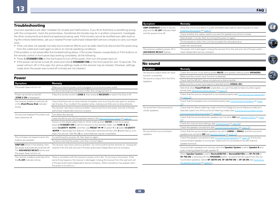 Troubleshooting power no sound, Troubleshooting, Power | No sound | Pioneer VSX-922-S User Manual | Page 86 / 109