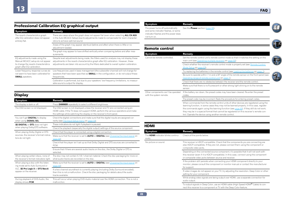 Professional calibration eq graphical output, Display, Remote control | Hdmi | Pioneer VSX-922-S User Manual | Page 89 / 109
