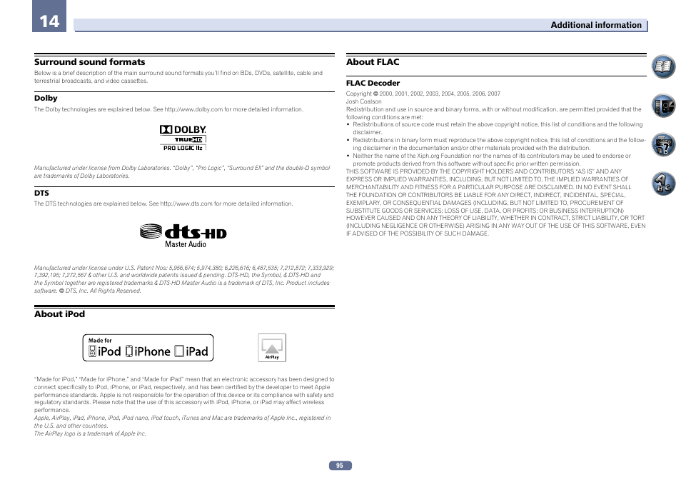 Surround sound formats about ipod about flac | Pioneer VSX-922-S User Manual | Page 95 / 109