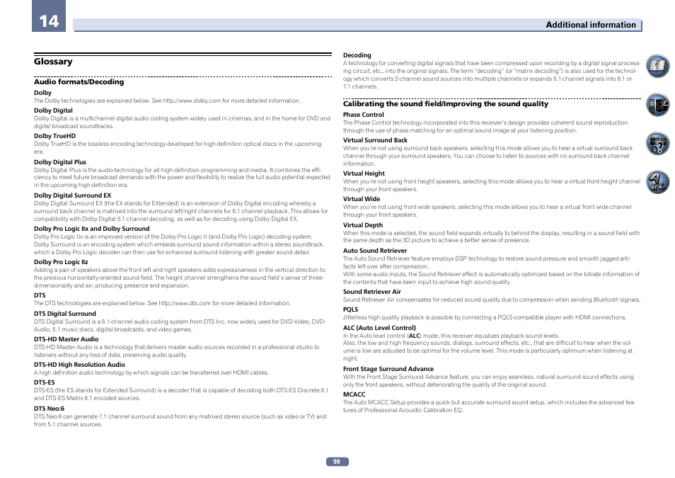 Glossary | Pioneer VSX-922-S User Manual | Page 99 / 109