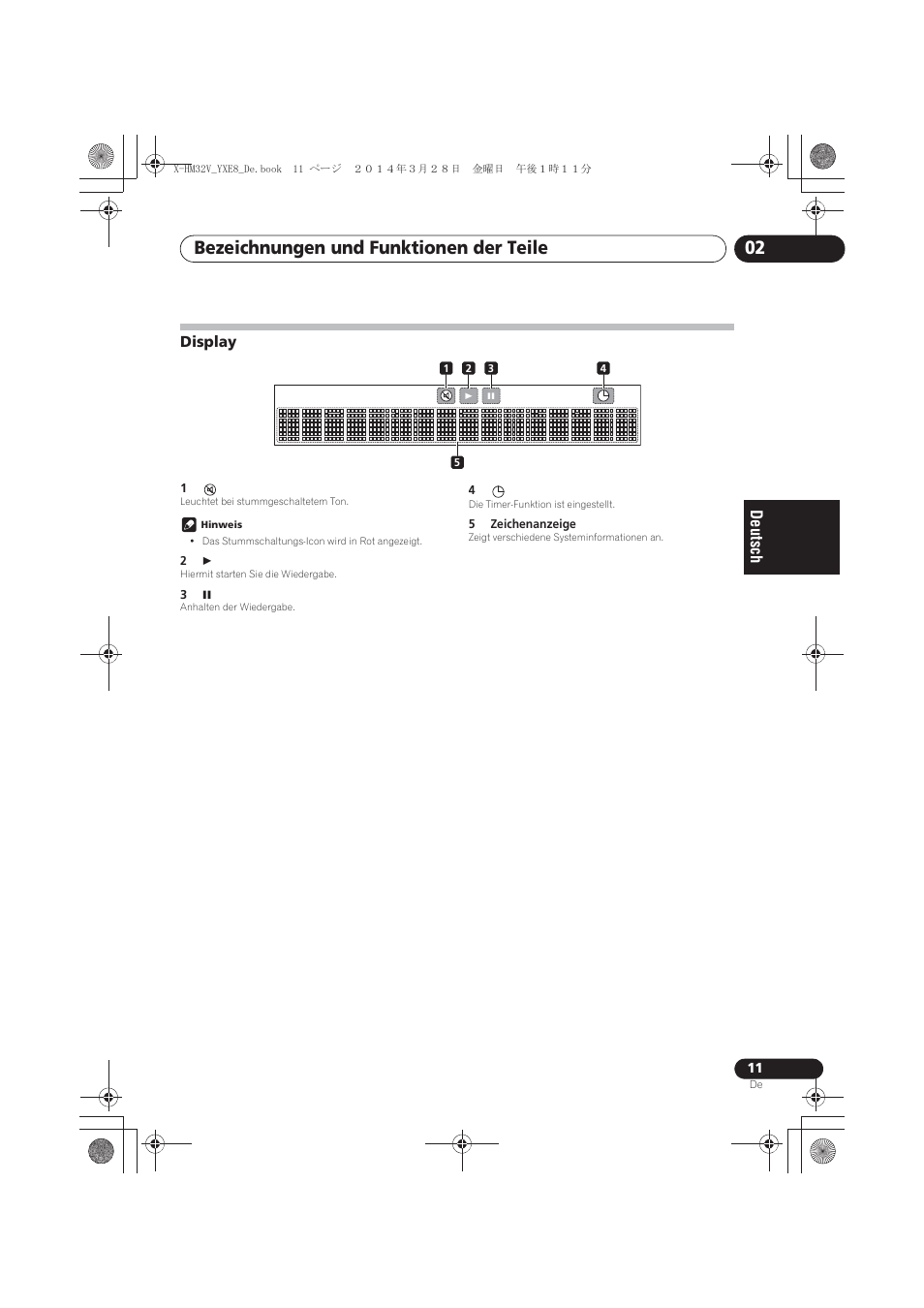 Display, Bezeichnungen und funktionen der teile 02 | Pioneer X-HM32V-S User Manual | Page 103 / 280