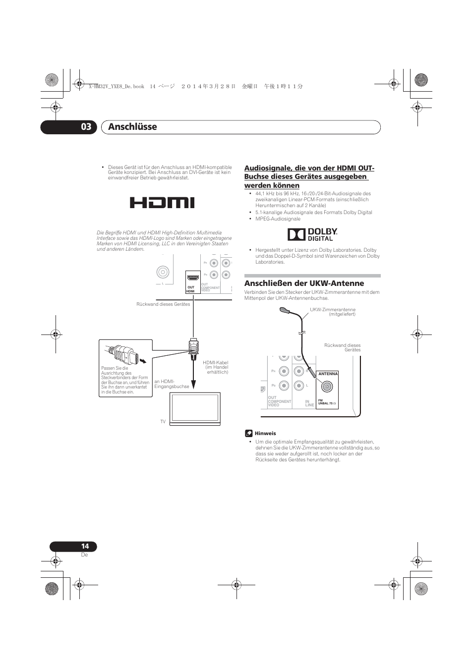 Audiosignale, die von der hdmi out-buchse dieses, Gerätes ausgegeben werden können, Anschließen der ukw-antenne | Anschlüsse 03 | Pioneer X-HM32V-S User Manual | Page 106 / 280