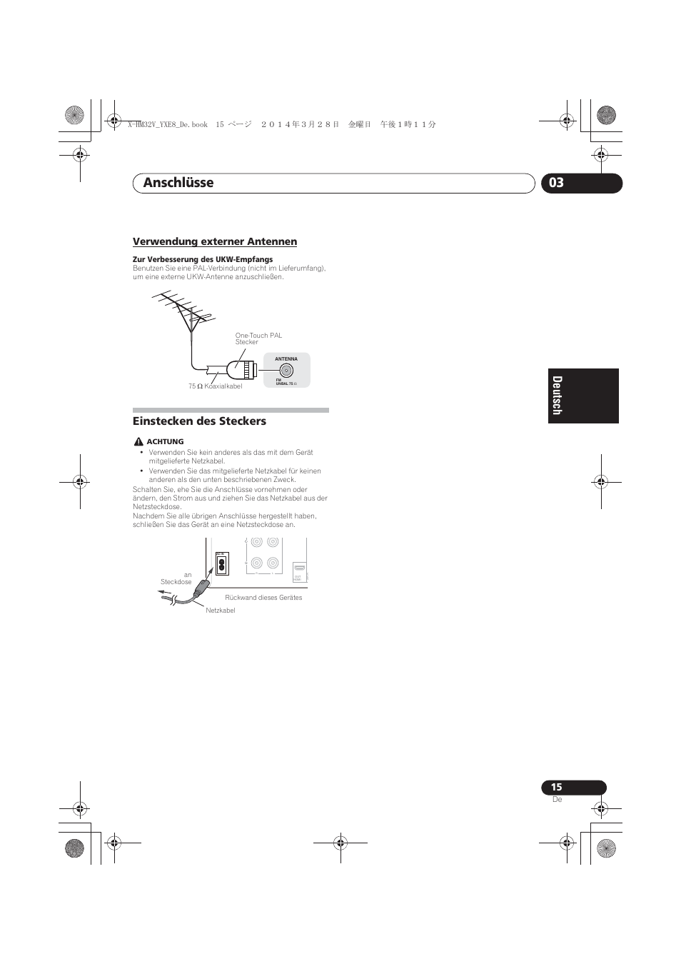 Verwendung externer antennen, Einstecken des steckers, Anschlüsse 03 | Pioneer X-HM32V-S User Manual | Page 107 / 280