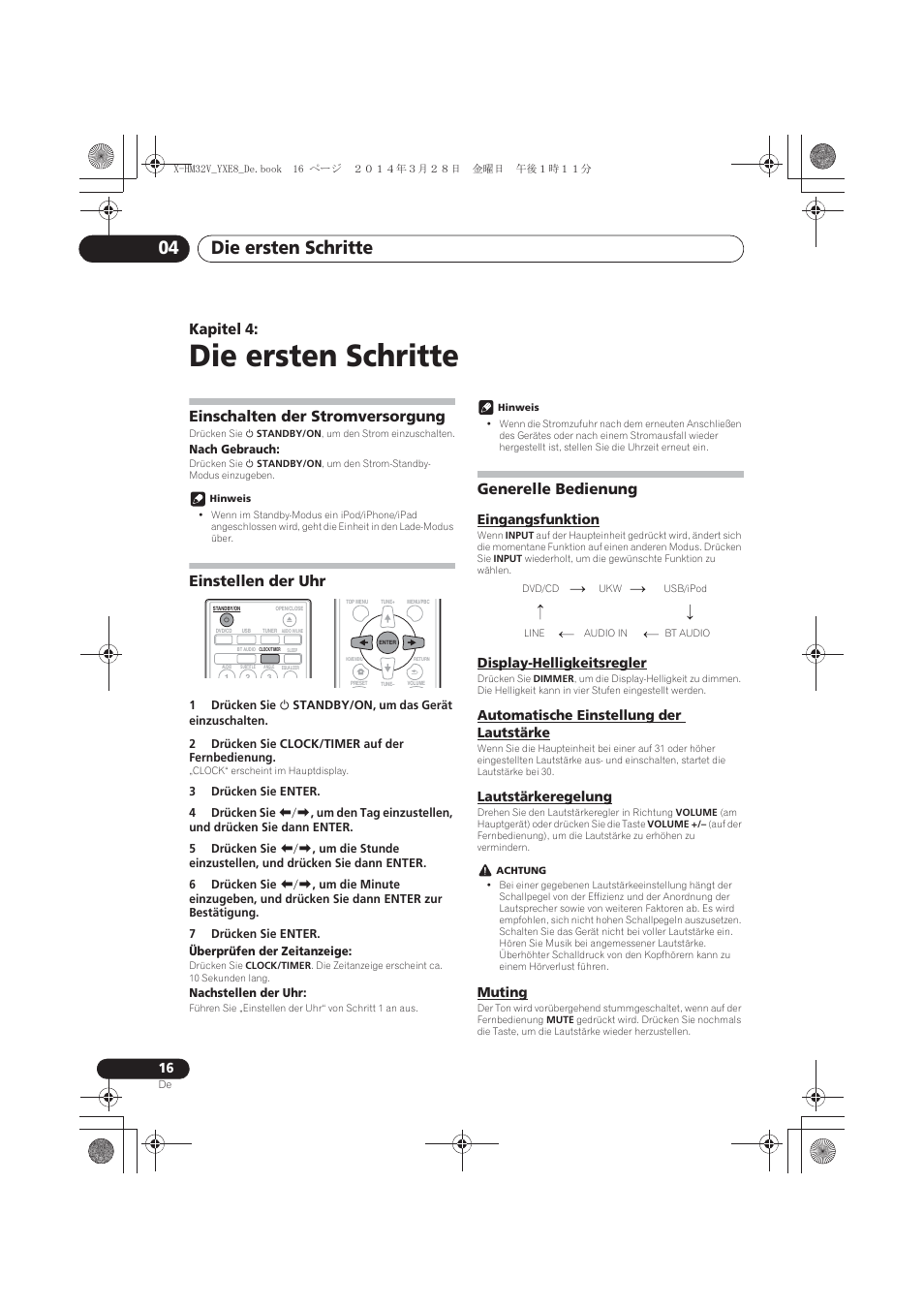 04 die ersten schritte, Einschalten der stromversorgung, Einstellen der uhr | Generelle bedienung, Eingangsfunktion, Display-helligkeitsregler, Automatische einstellung der lautstärke, Lautstärkeregelung, Muting, Die ersten schritte | Pioneer X-HM32V-S User Manual | Page 108 / 280